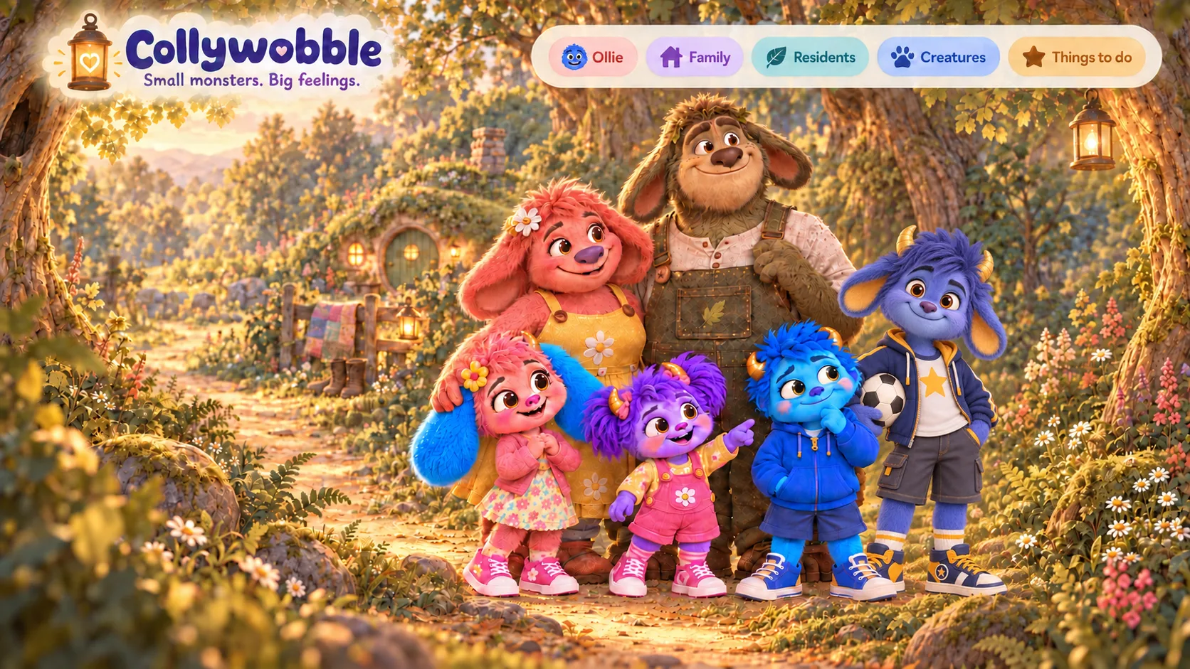 The Collywobble family together in a warm, lantern-lit woodland near their cottage.