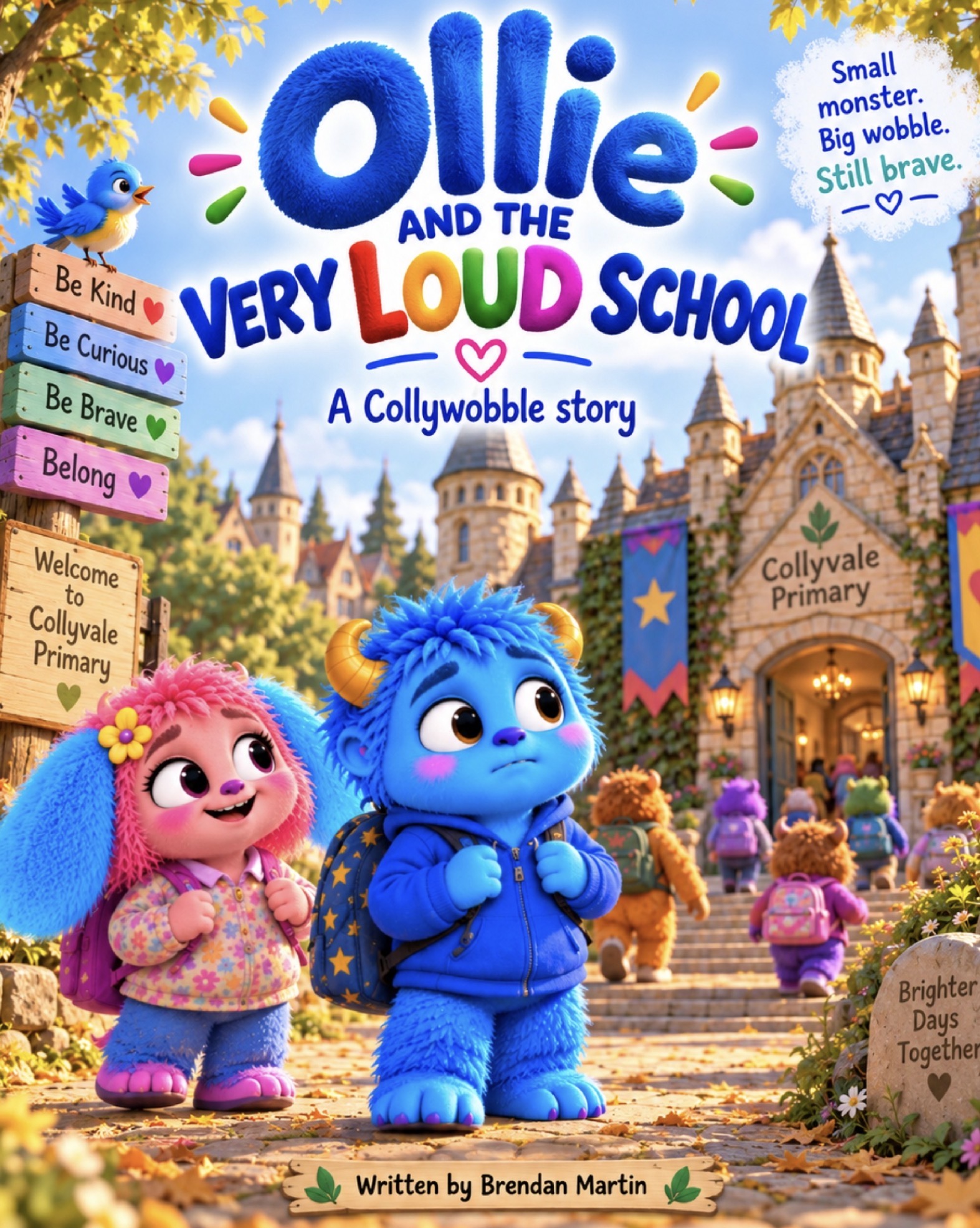 Cover of Ollie and the Very Loud School by Brendan Martin, showing Ollie and Bella outside Collyvale Primary